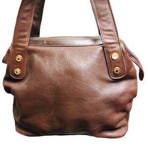 Monsac classic chocolate brown leather handbag zip top hinged frame